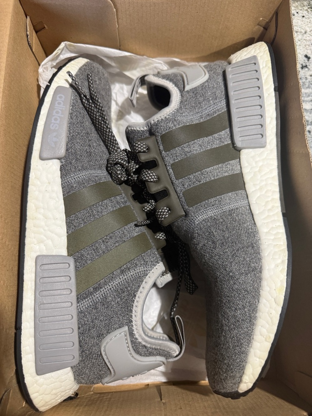 adidas NMD R1 “Charcoal Wool” Grey Knit Sneakers with Reflective Three-Stripes